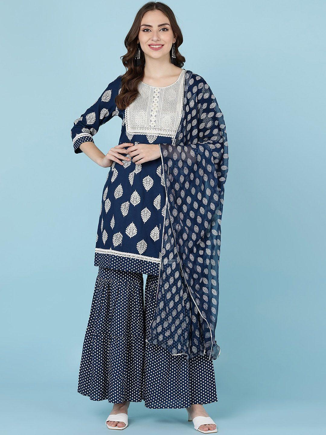 jaipur prime women blue ethnic motifs yoke design layered kurta with sharara & with dupatta