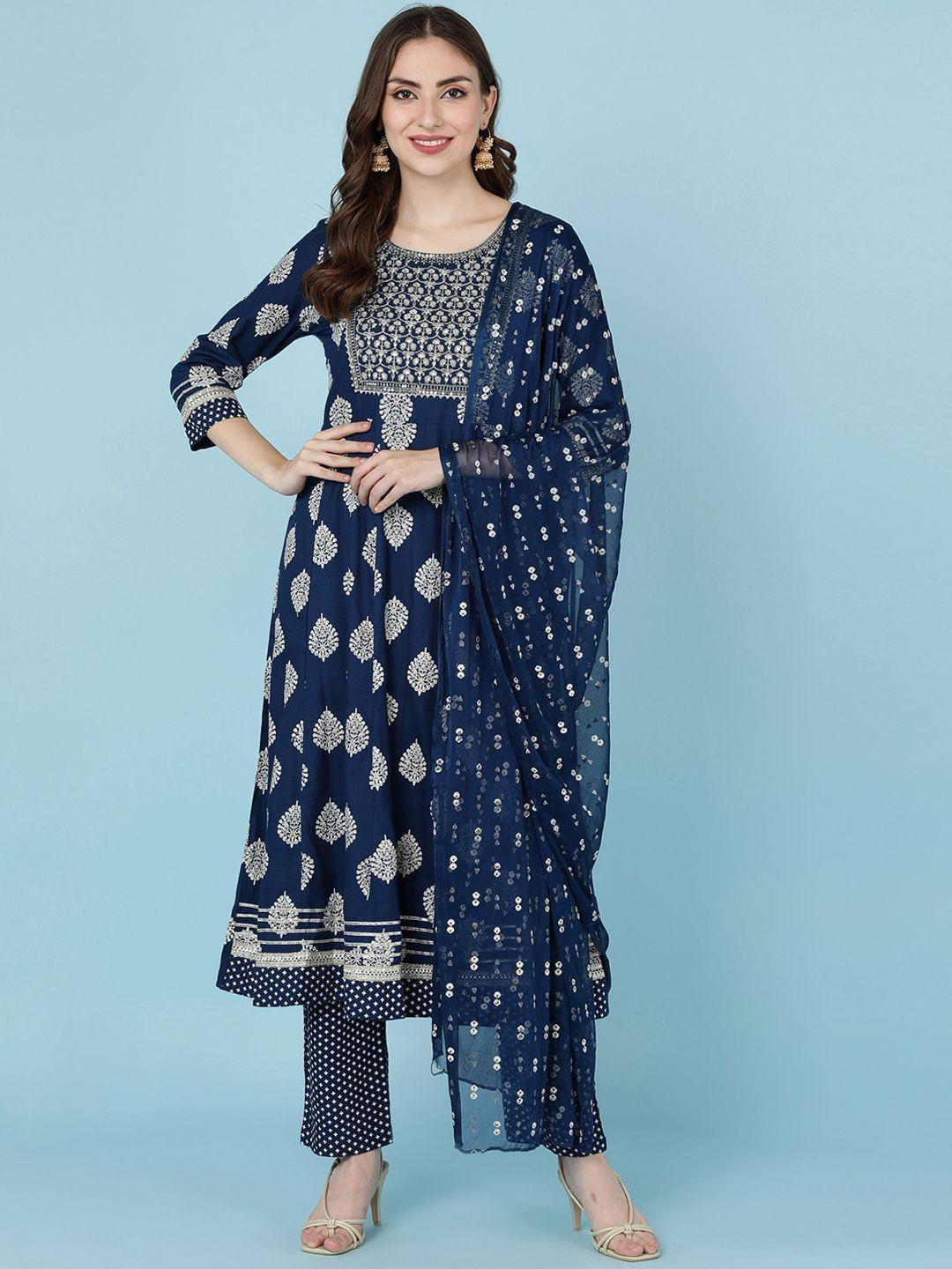 jaipur prime women blue paisley yoke design panelled kurta with trousers & with dupatta