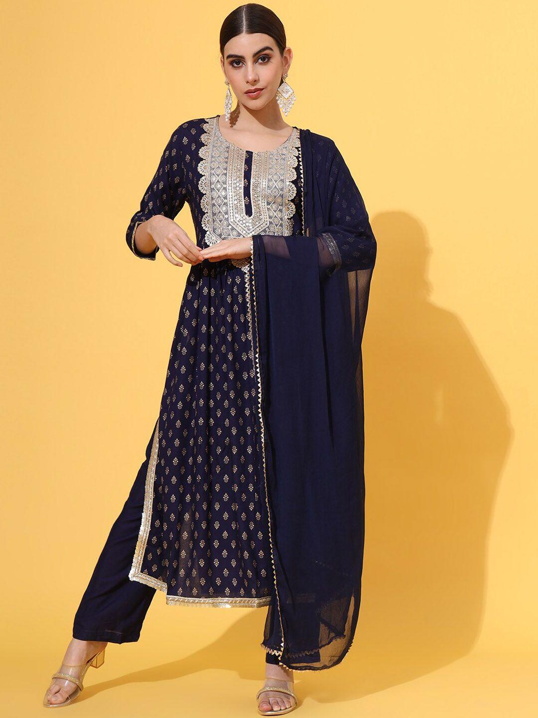 jaipur prime women blue yoke design regular kurta with trousers & with dupatta