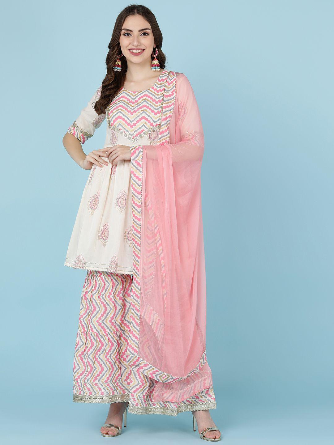 jaipur prime women cream-coloured ethnic motifs yoke design kurti with sharara & dupatta