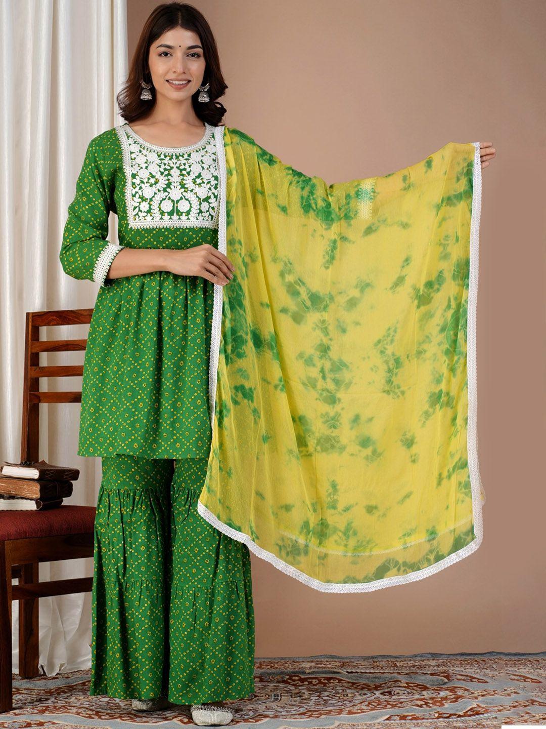 jaipur prime women green bandhani embroidered empire aari work kurta with sharara & with dupatta