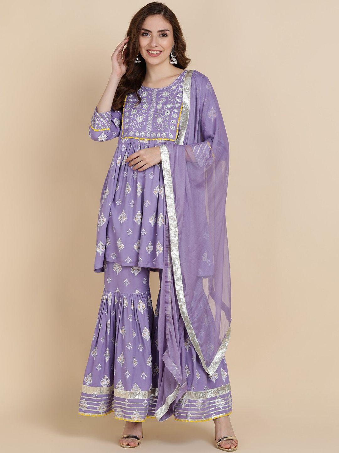 jaipur prime women lavender floral yoke design empire kurti with sharara & with dupatta