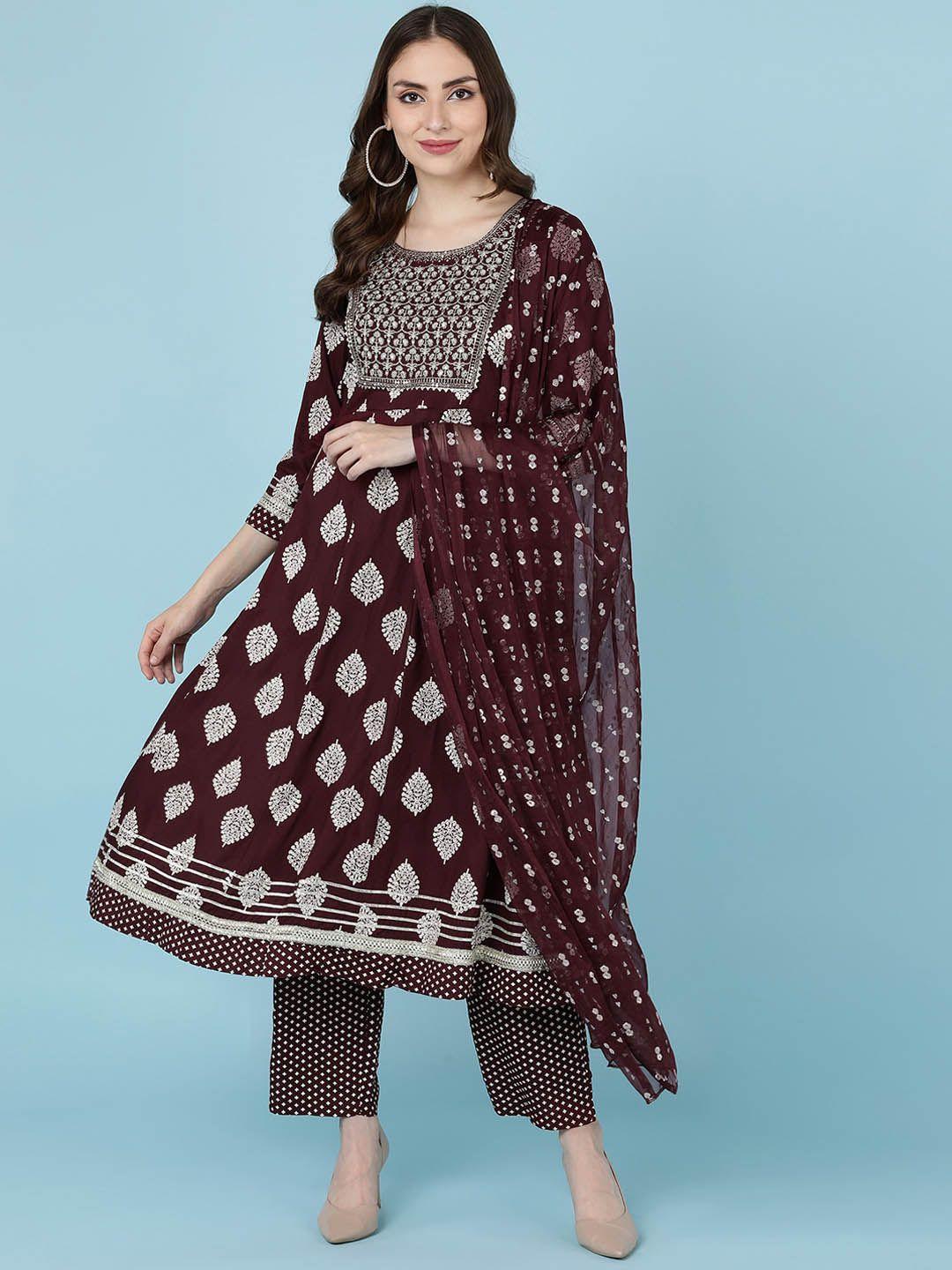 jaipur prime women maroon ethnic motifs embroidered kurta with trousers & with dupatta