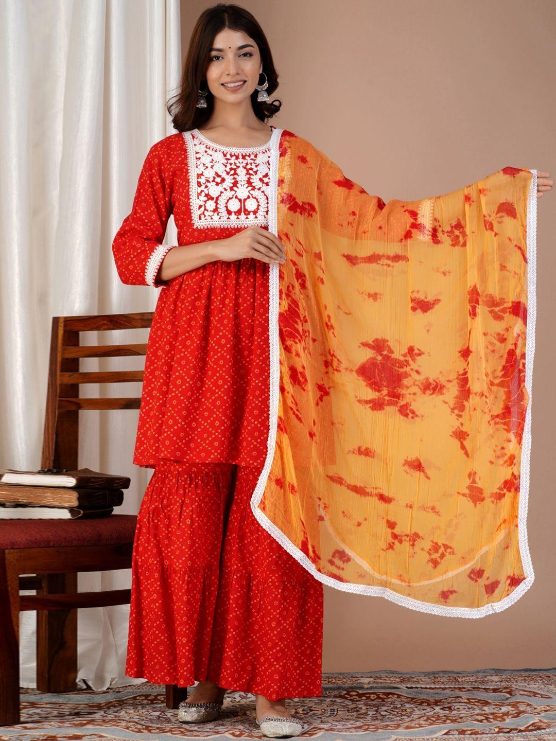 jaipur prime women red bandhani embroidered empire aari work kurta with sharara & with dupatta