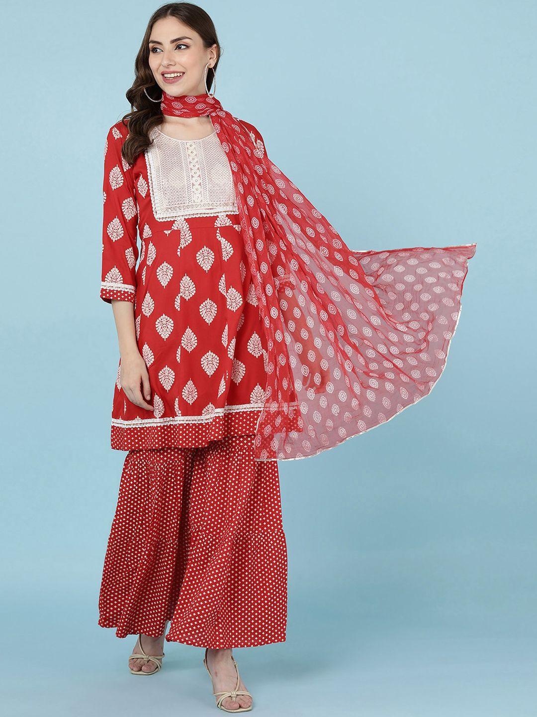 jaipur prime women red ethnic motifs embroidered panelled kurta with sharara