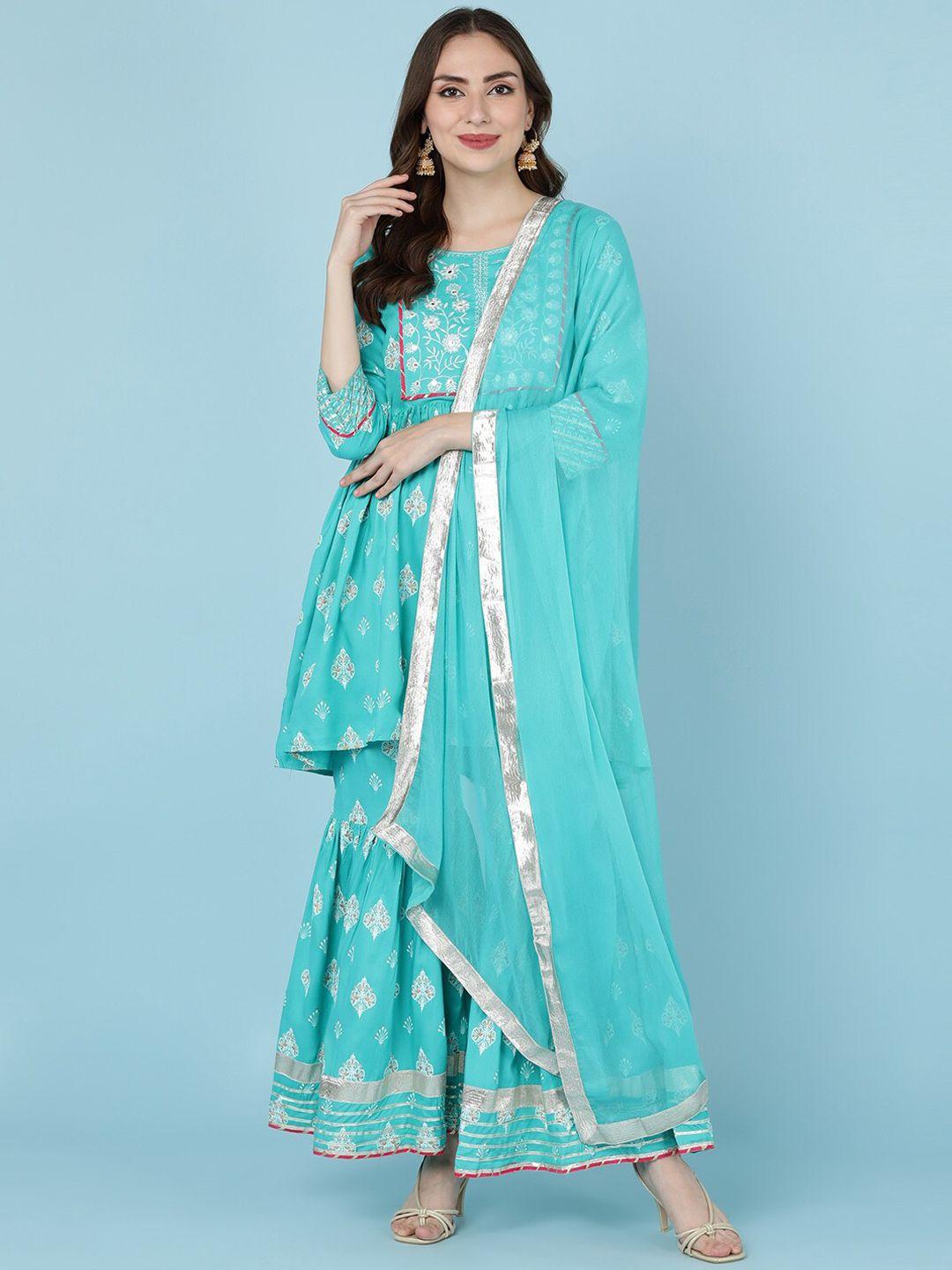 jaipur prime women sea green floral embroidered empire gotta patti kurti with sharara & with dupatta