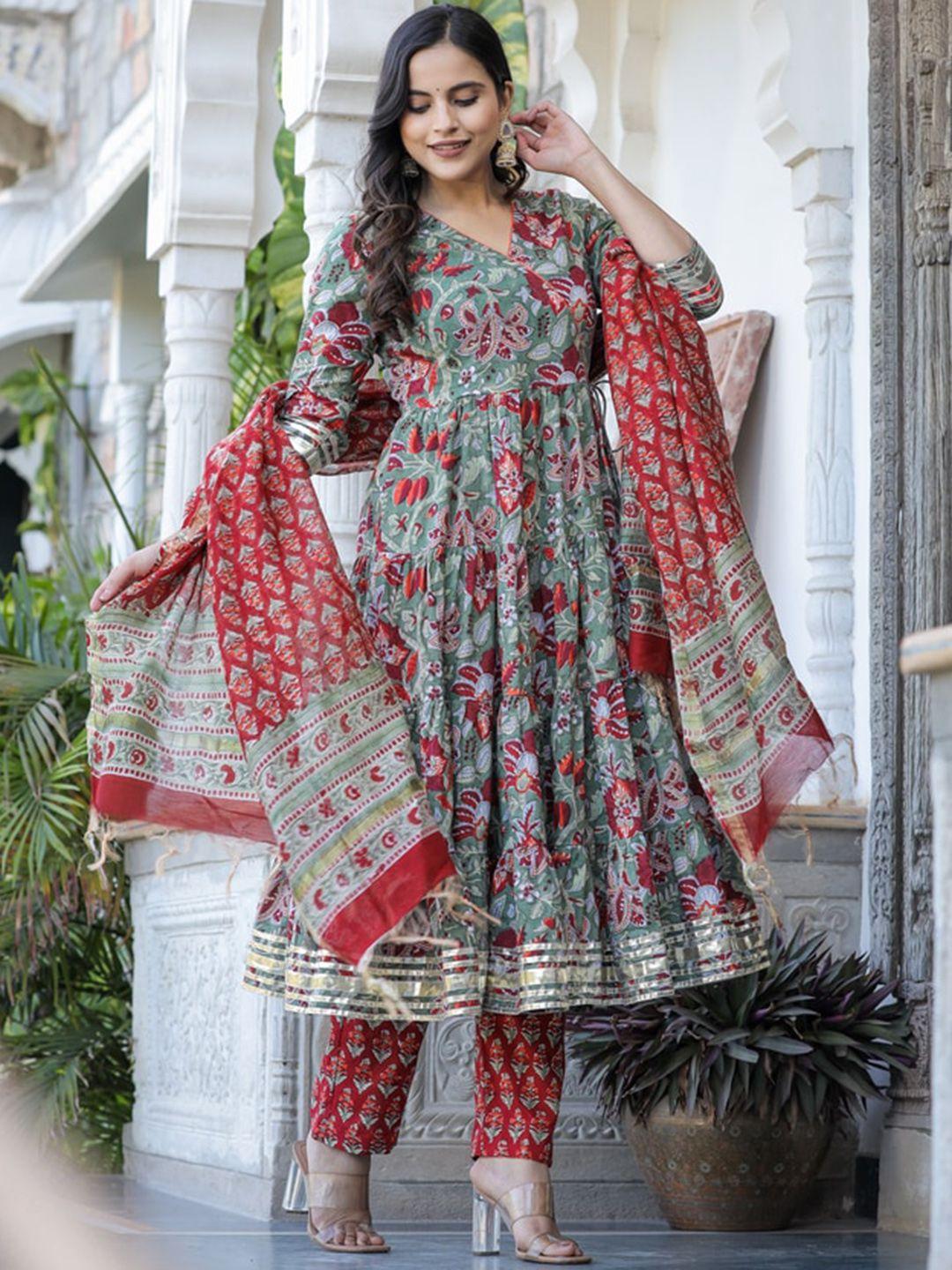 jaipuri adaah floral printed angrakha pure cotton kurta with trousers & dupatta