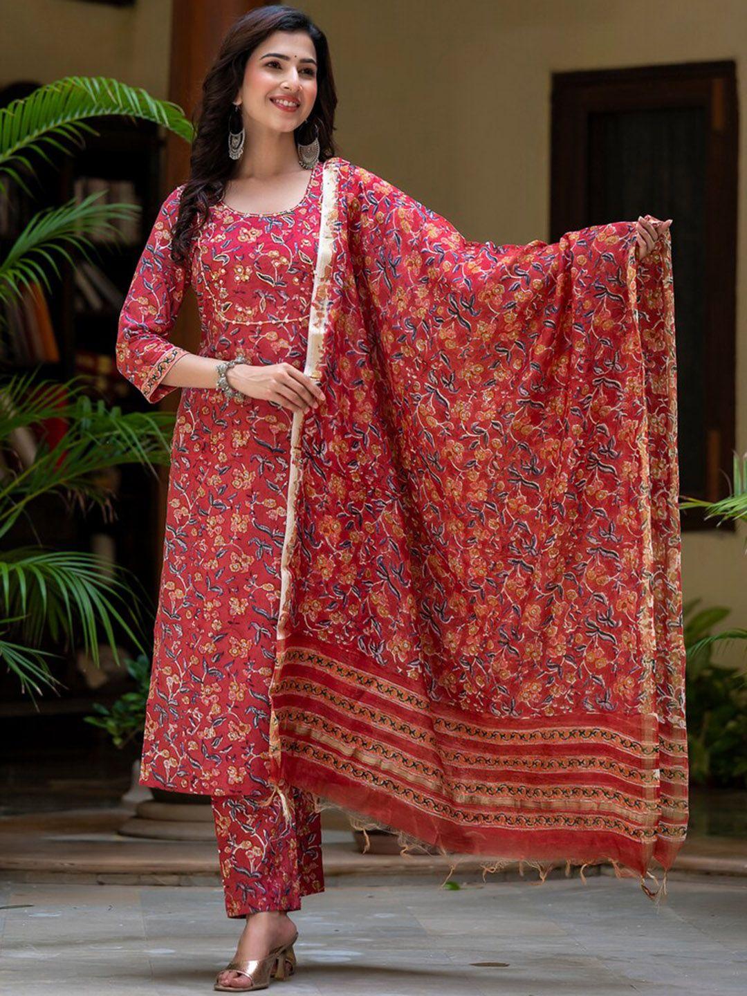 jaipuri adaah floral printed beads and stones pure cotton kurta & trousers with dupatta