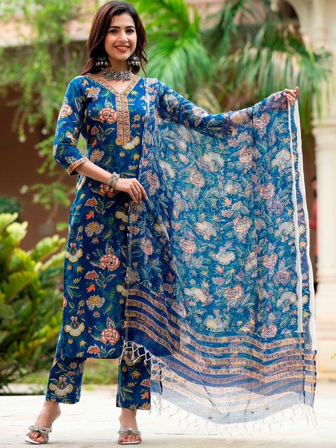 jaipuri adaah floral printed beads and stones pure cotton kurta with trousers & dupatta