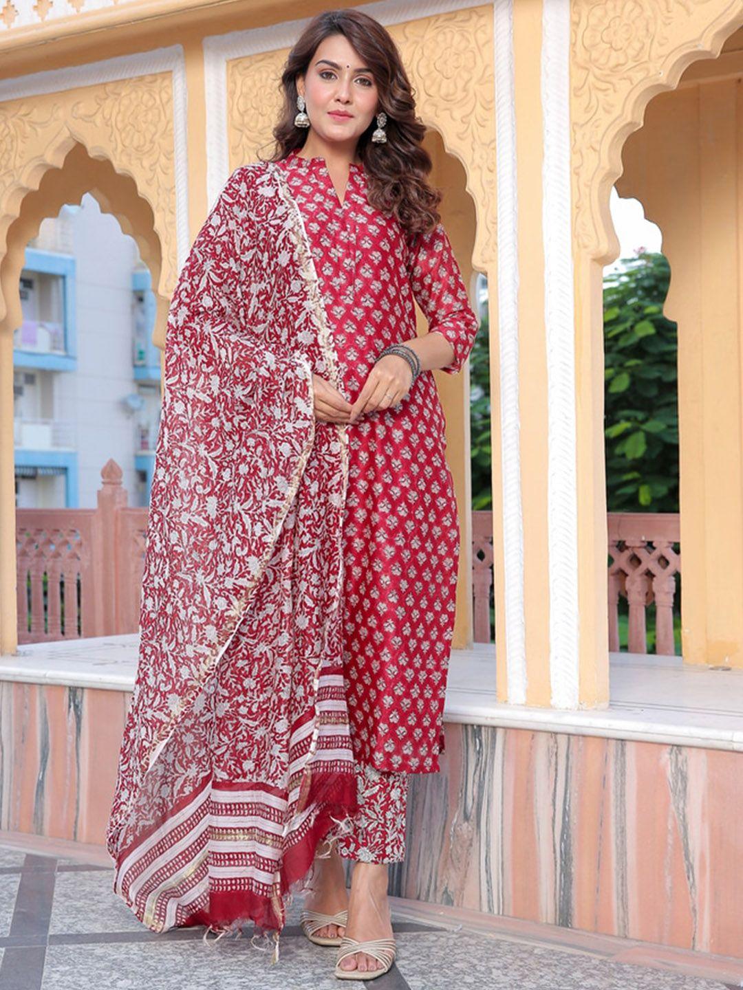 jaipuri adaah floral printed regular chanderi silk kurta with trousers & dupatta