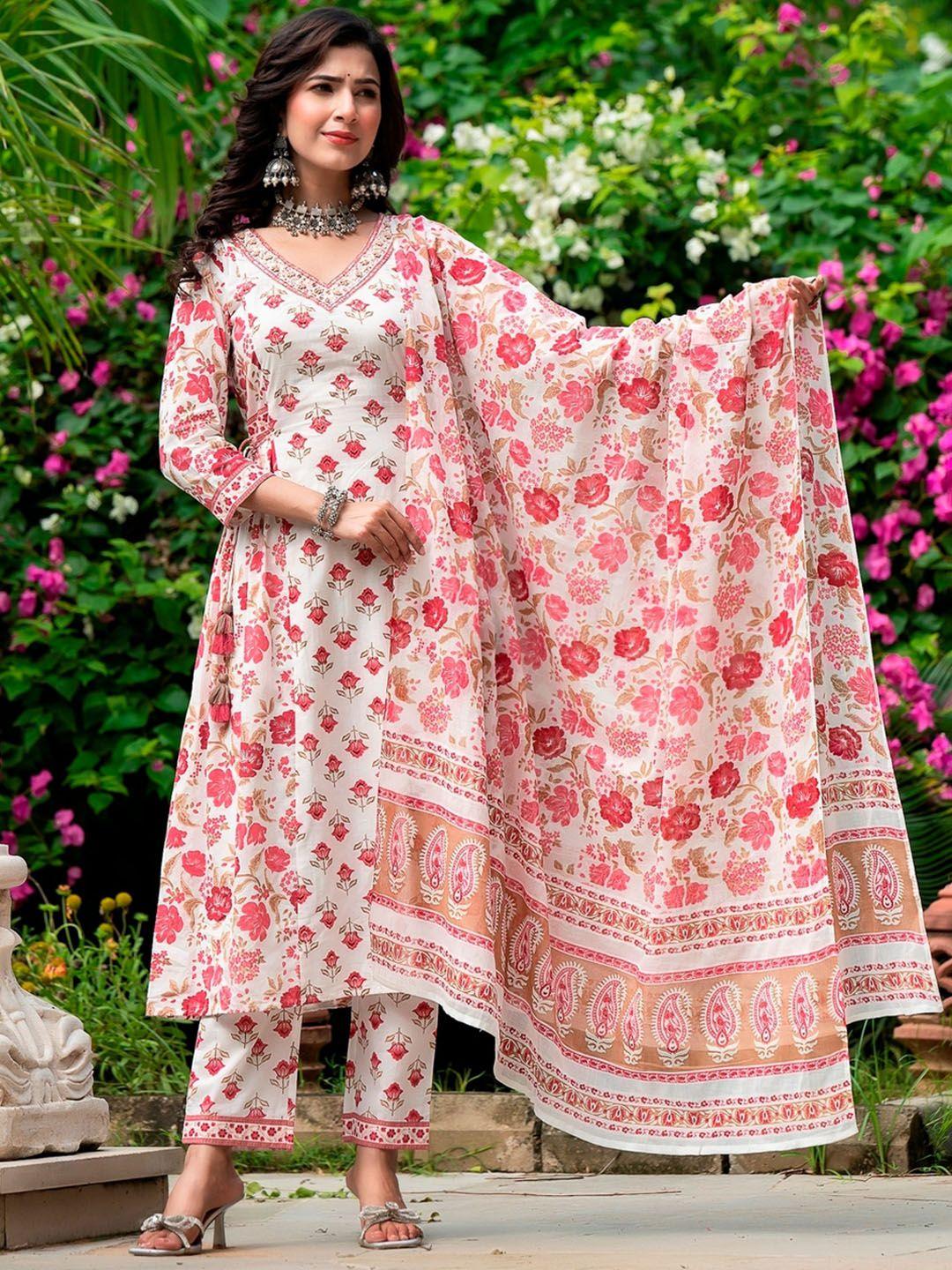 jaipuri adaah floral printed regular pure cotton anarkali kurta with trousers & dupatta