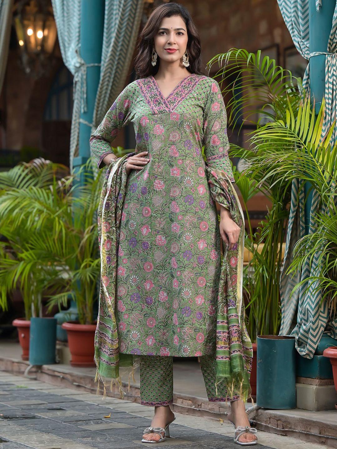 jaipuri adaah floral printed regular pure cotton kurta with trousers & dupatta