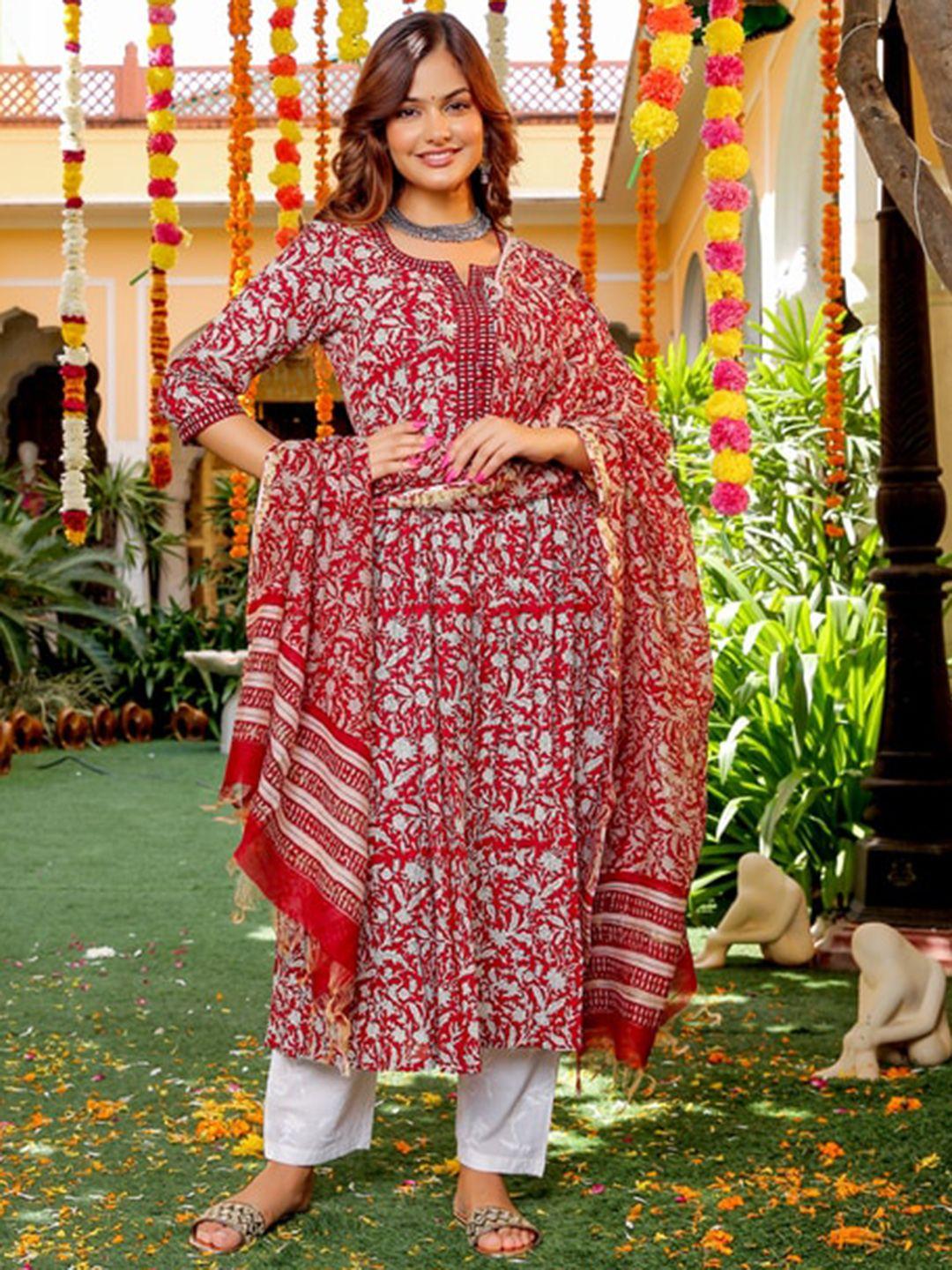 jaipuri adaah floral printed pure cotton kurta with trousers & with dupatta