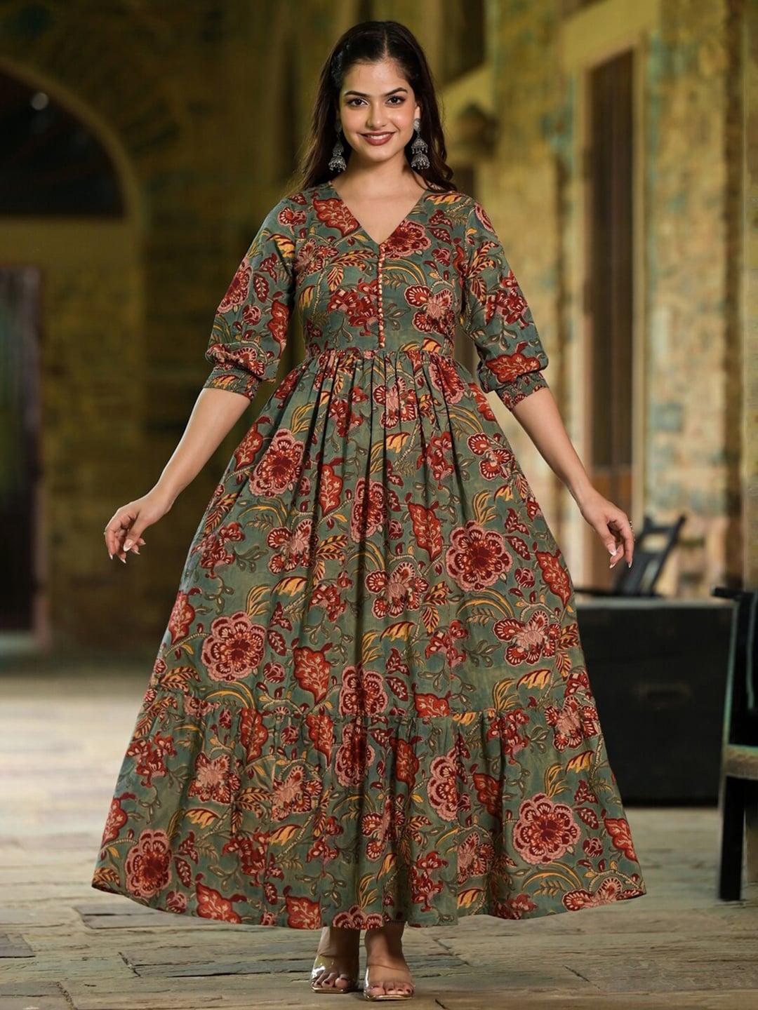 jaipuri adaah floral printed v-neck puff sleeves tiered fit & flare cotton ethnic dress