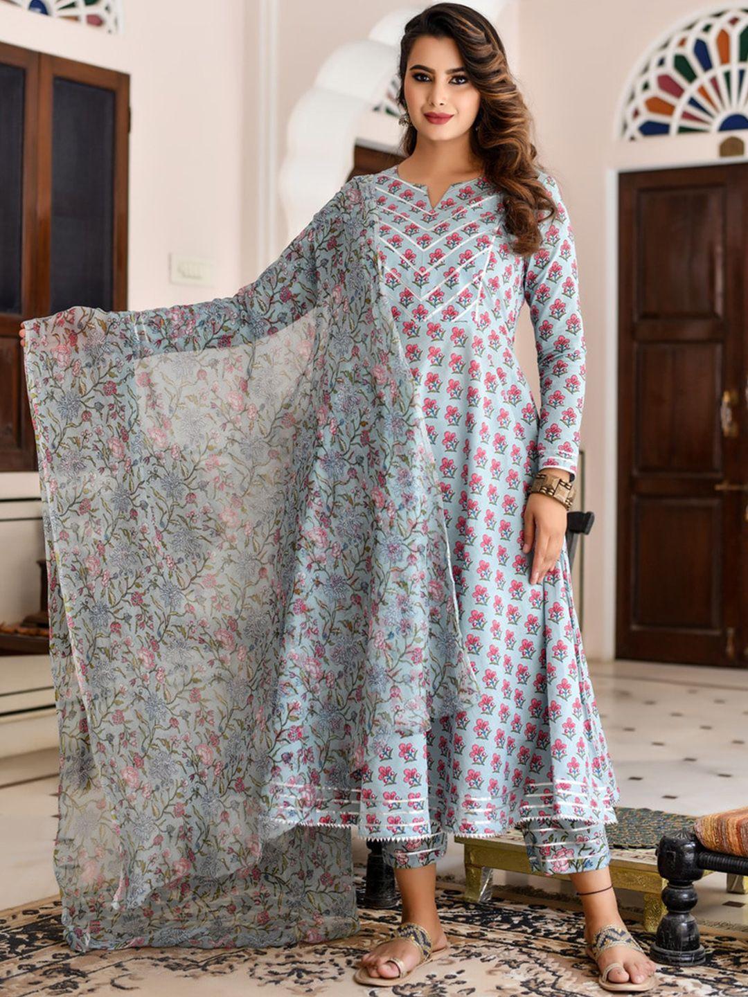 jaipuri adaah women blue floral printed empire pure cotton kurta with trousers & with dupatta