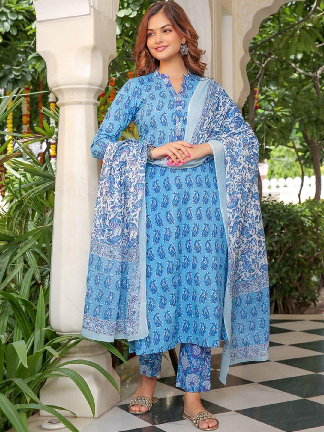 jaipuri adaah women blue floral printed regular pure cotton kurta with trousers & with dupatta