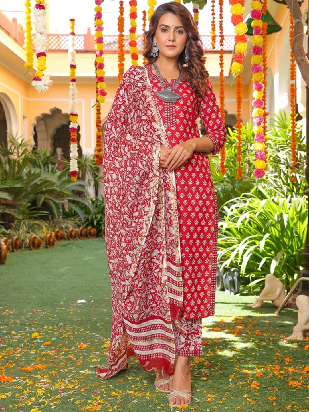 jaipuri adaah women maroon floral printed regular pure cotton kurta with trousers & with dupatta