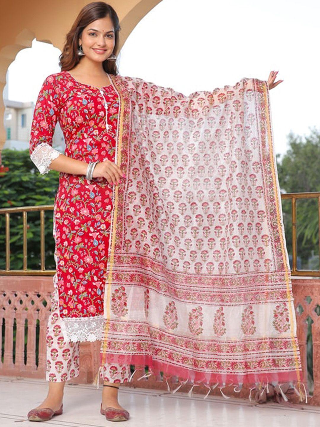 jaipuri adaah women red floral printed regular pure cotton kurta with trousers & with dupatta