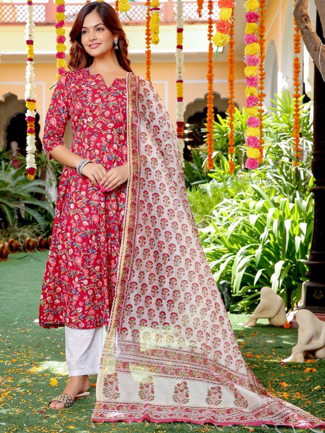 jaipuri adaah women red floral printed regular pure cotton kurta with trousers & with dupatta