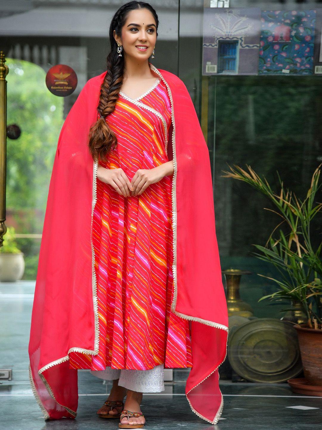 jaipuri adaah women red printed angrakha pure cotton kurta with trousers & with dupatta