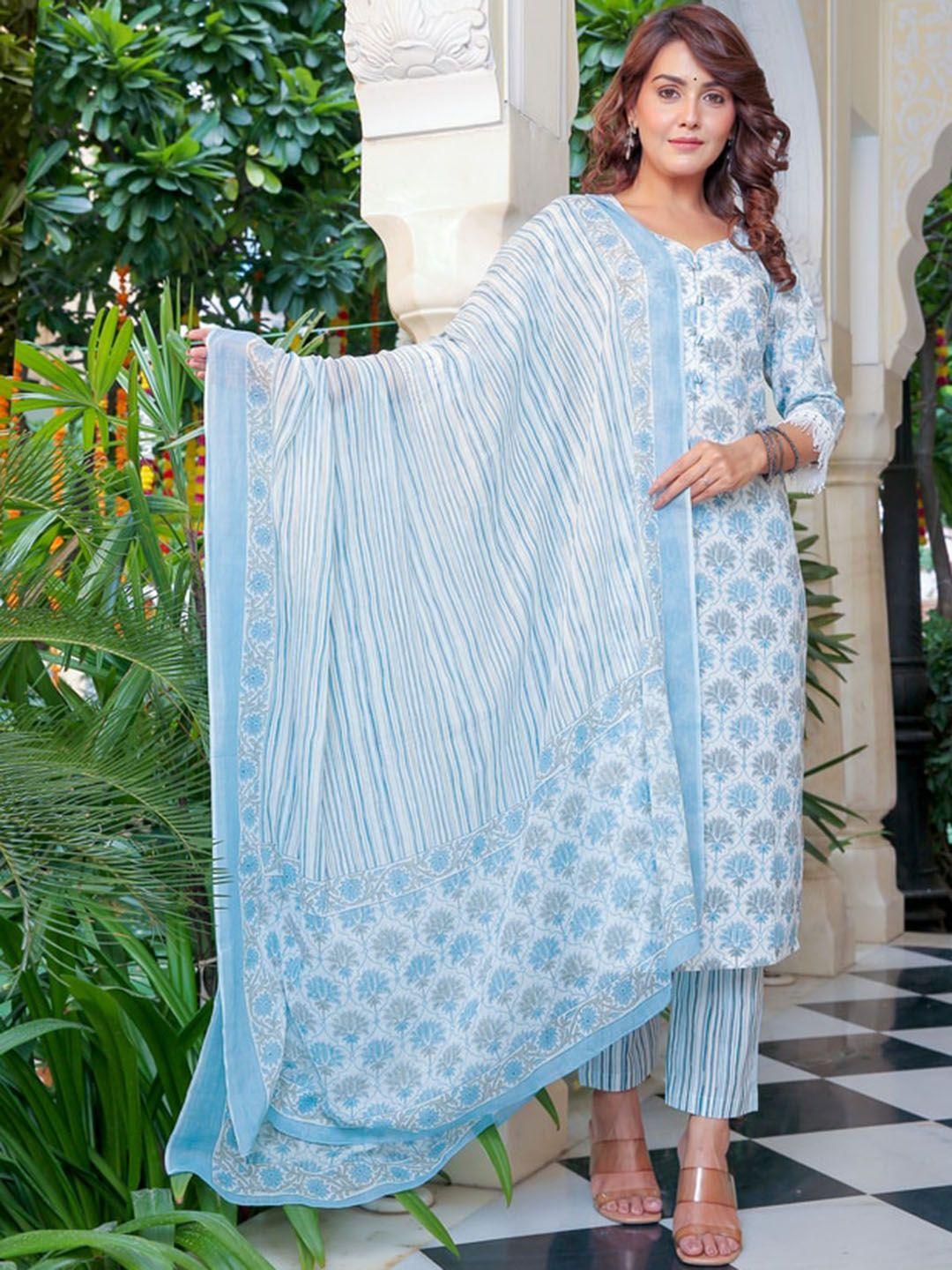 jaipuri adaah women white floral printed regular pure cotton kurta with trousers & with dupatta