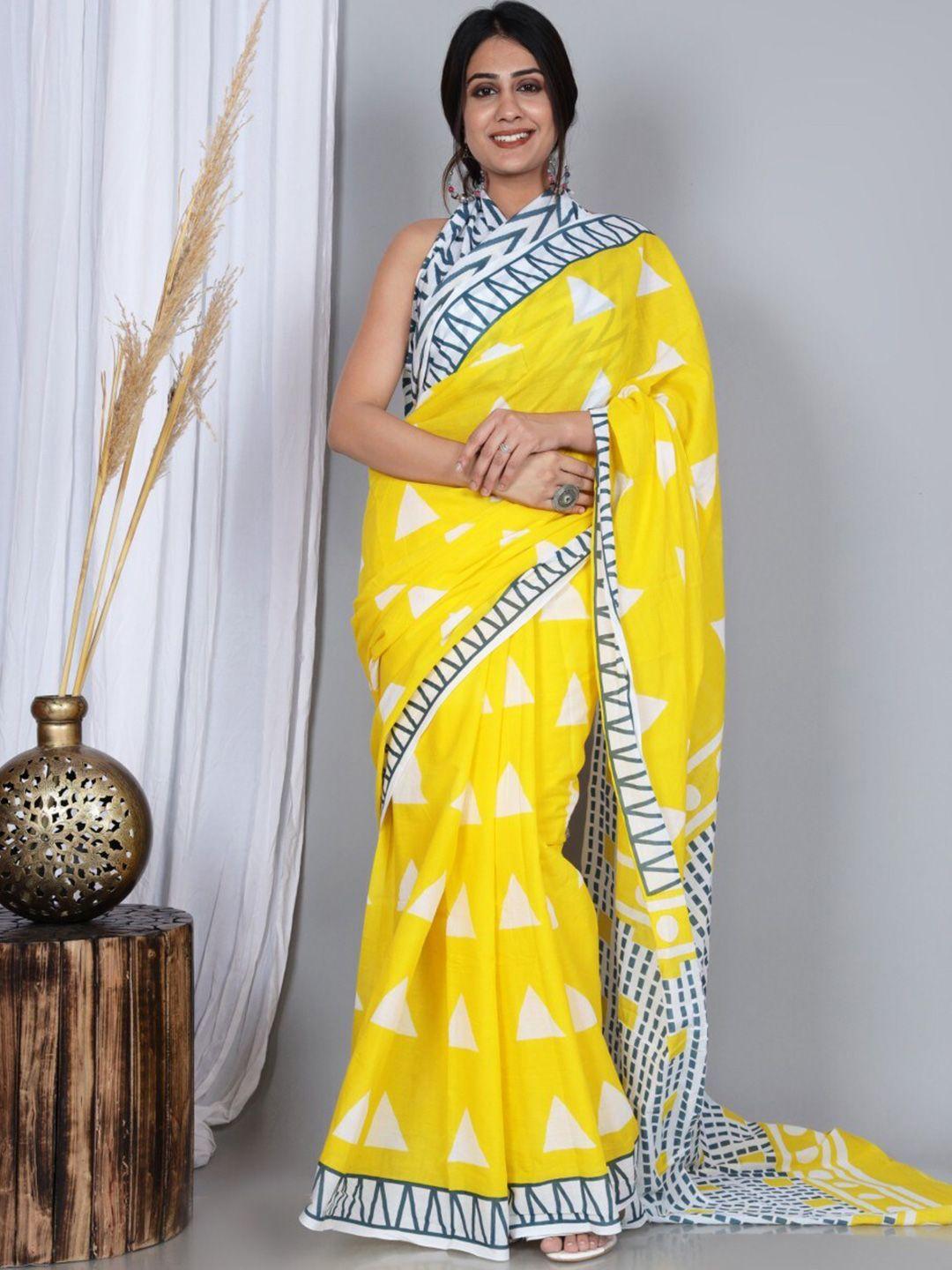 jaipuri block print geometric printed pure cotton bagru saree