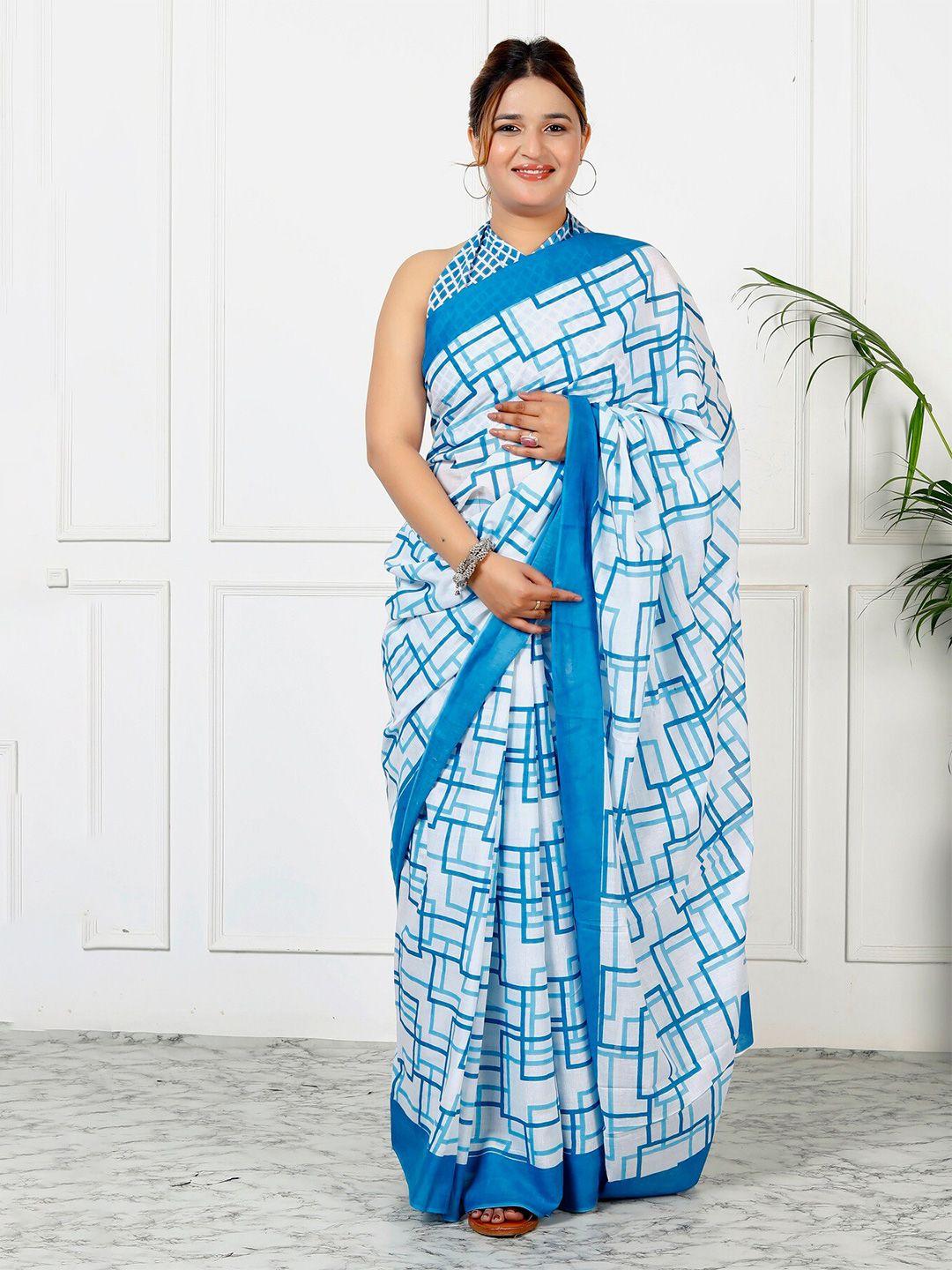 jaipuri block print geometric printed pure cotton saree