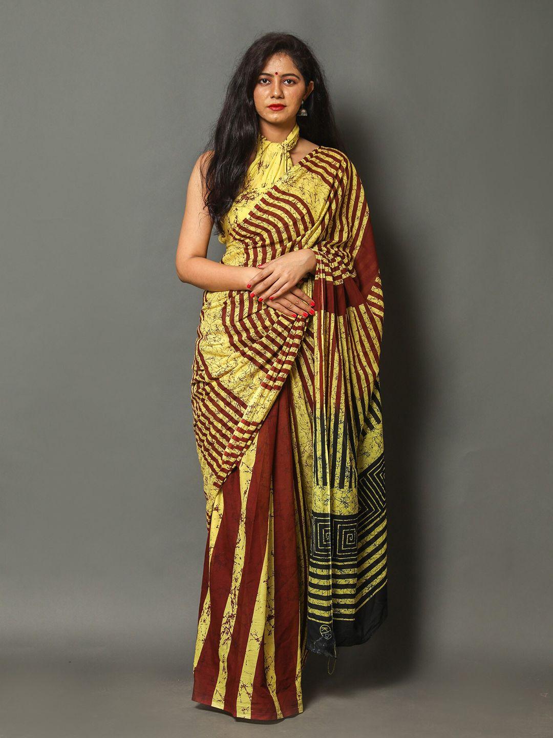 jaipuri block print striped pure cotton saree