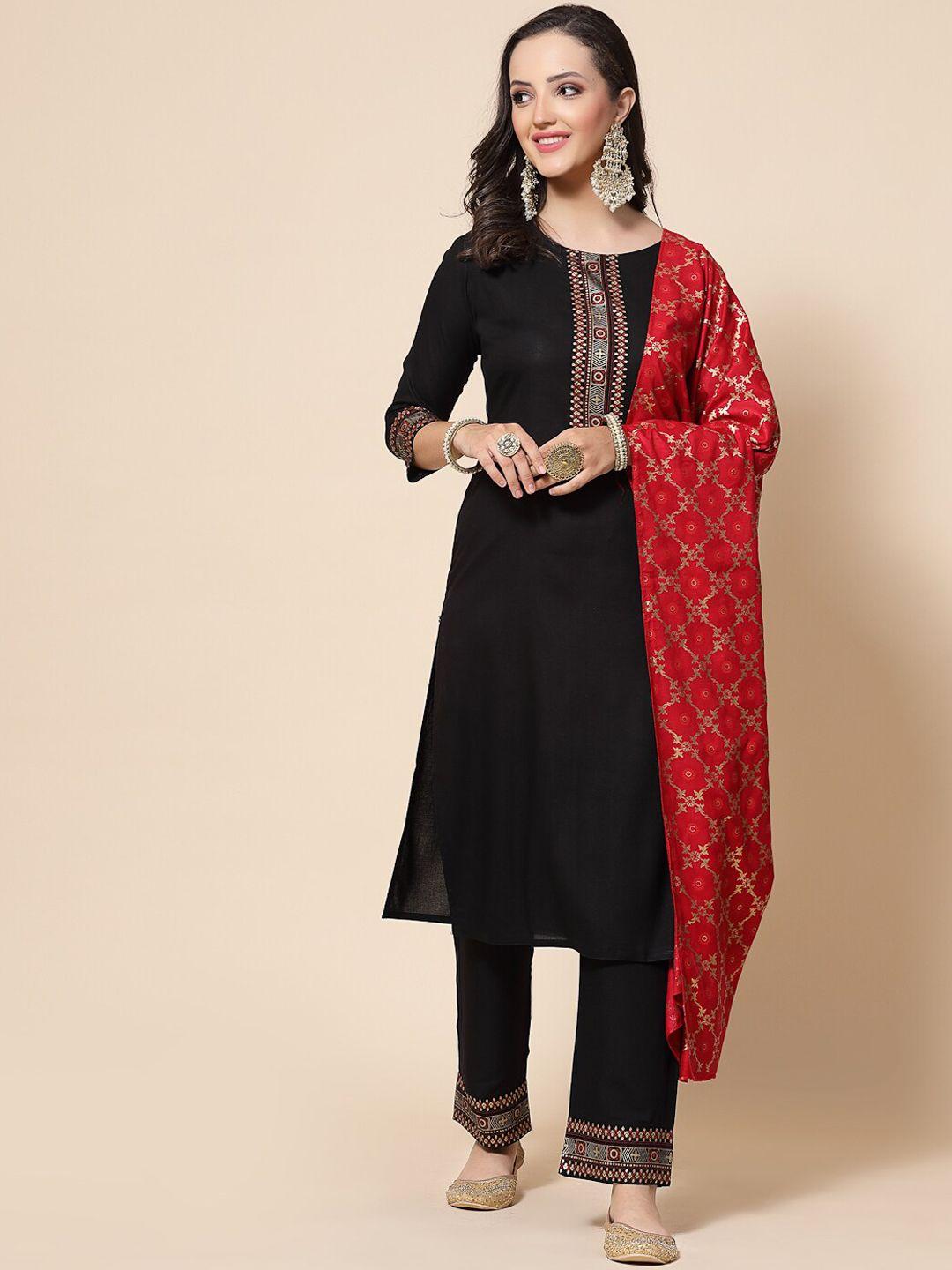 jaipuri bunaai women black ethnic motifs yoke design regular thread work kurta with trousers & with dupatta