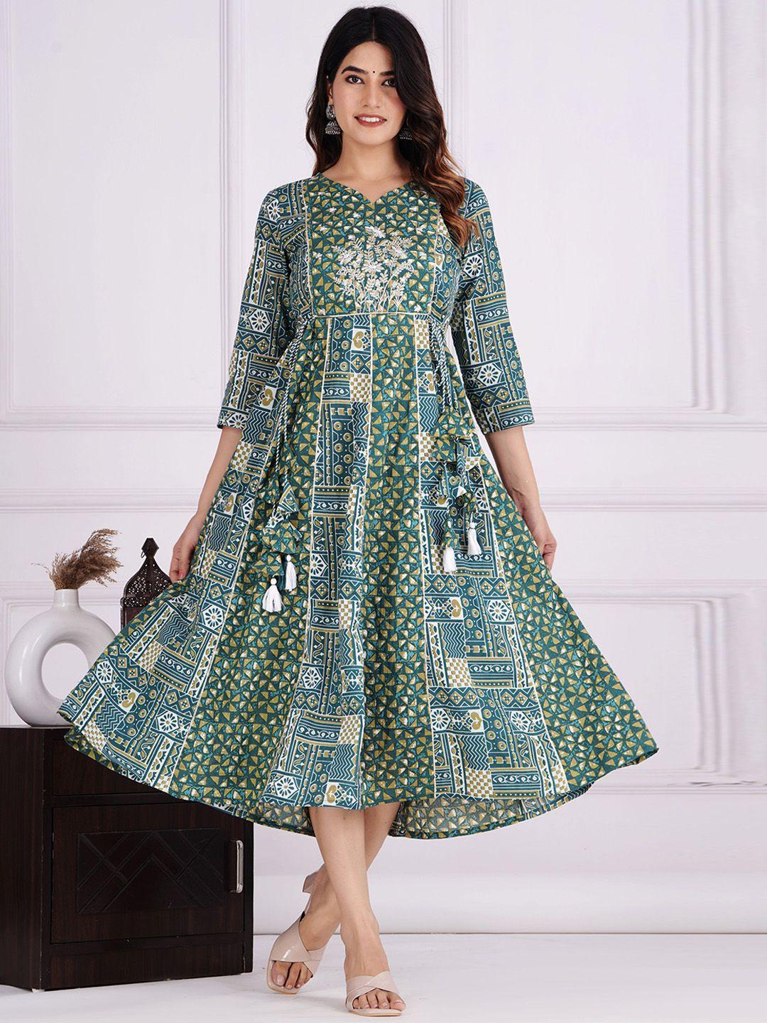 jaipuri collection abstract printed fit and flare v-neck cotton ethnic dresses