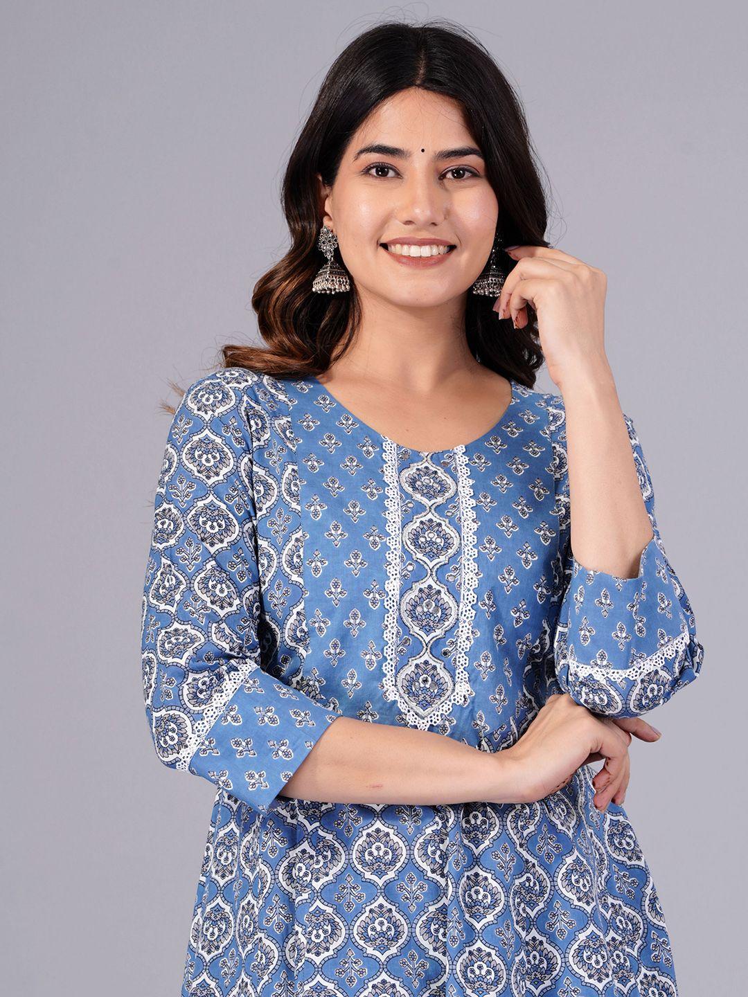 jaipuri collection ethnic motifs printed mirror work pure cotton kurta with trousers