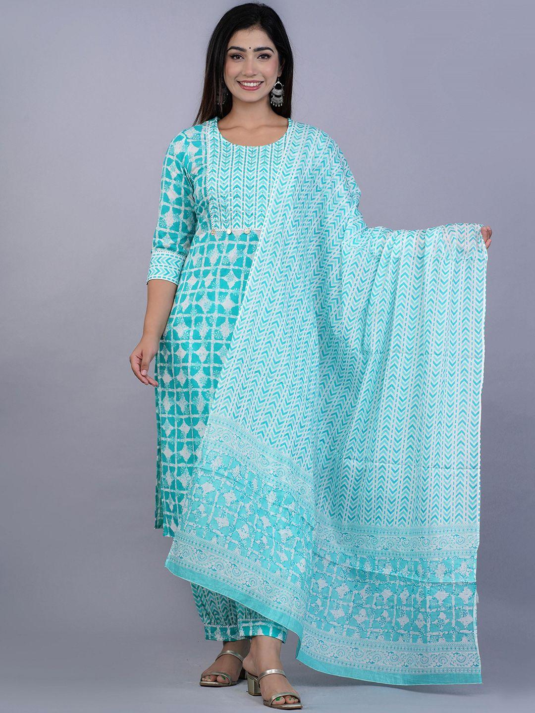 jaipuri collection ethnic motifs printed pure cotton kurta with salwar & dupatta