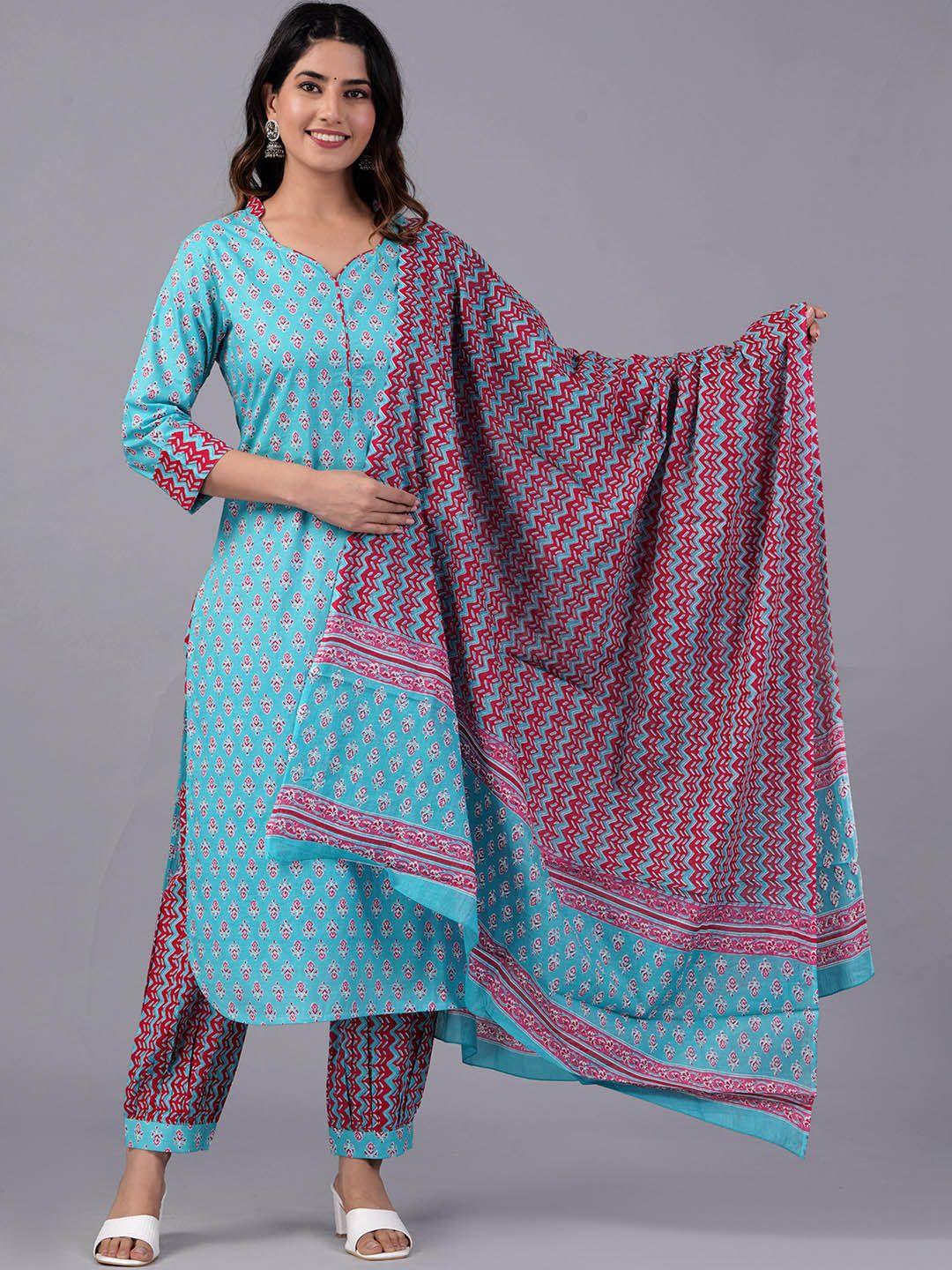 jaipuri collection ethnic motifs printed pure cotton kurta with salwar & dupatta