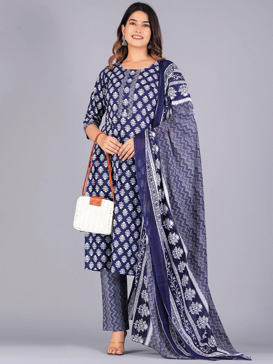 jaipuri collection ethnic motifs printed pure cotton kurta with trousers & dupatta