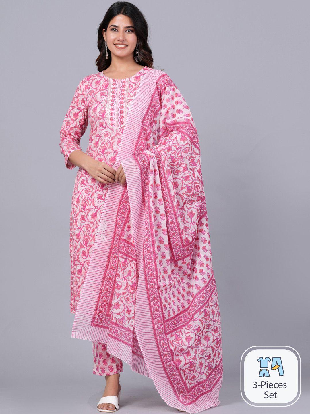 jaipuri collection ethnic motifs printed pure cotton kurta with trousers & dupatta