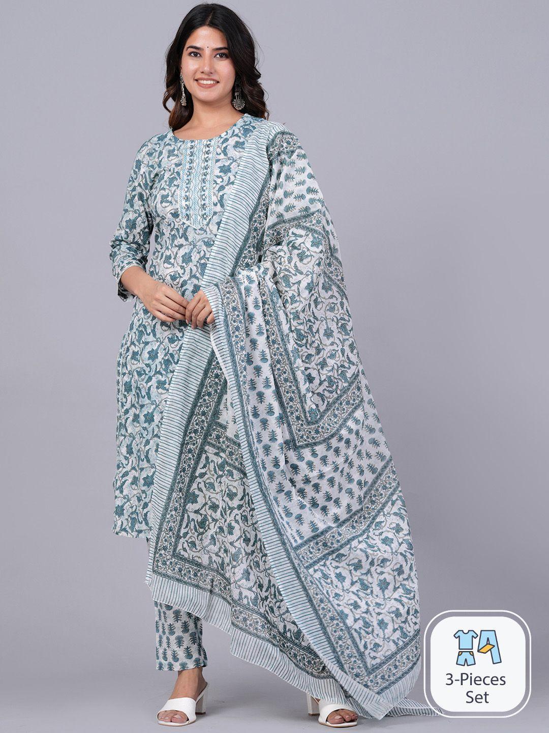 jaipuri collection ethnic motifs printed pure cotton kurta with trousers & dupatta