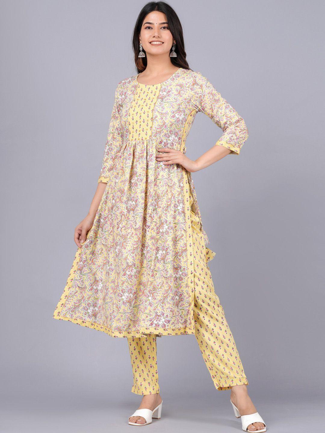 jaipuri collection ethnic motifs printed pure cotton pleated straight kurta & trousers