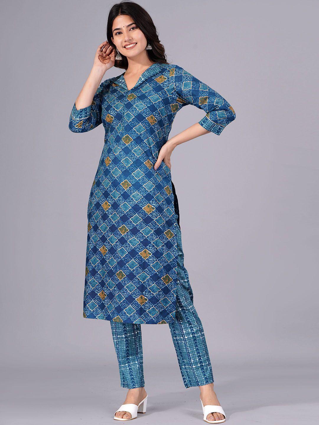 jaipuri collection ethnic motifs printed pure cotton regular kurta with trousers