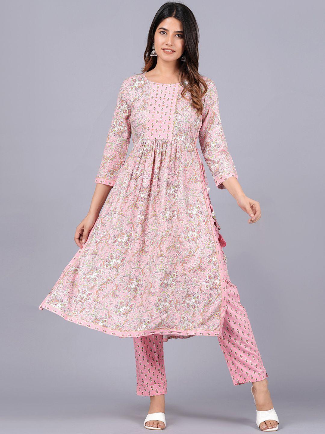 jaipuri collection ethnic motifs printed sequined a-line pure cotton kurta with trousers