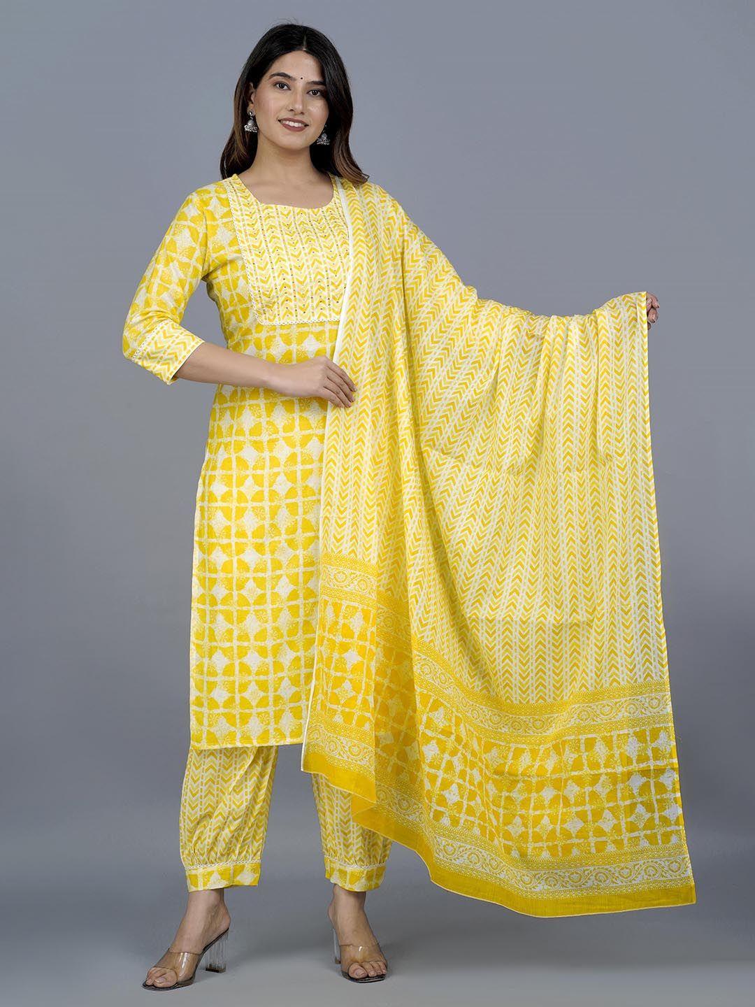 jaipuri collection ethnic motifs sequinned printed pure cotton kurta with salwar & dupatta