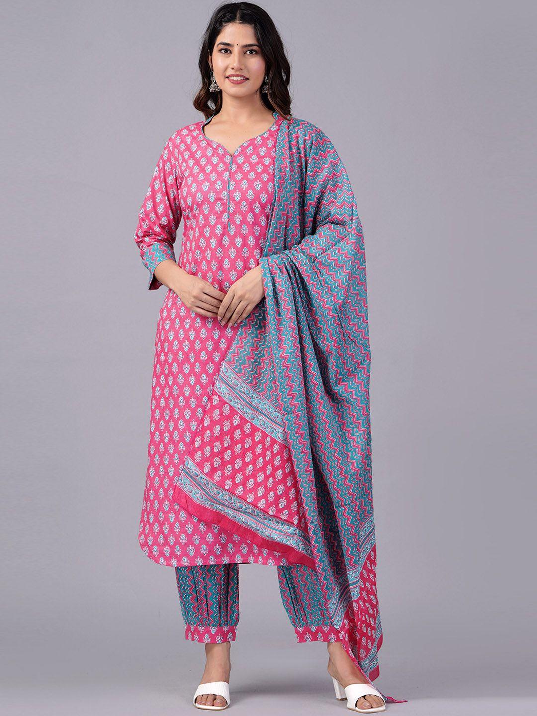 jaipuri collection ethnic printed mandarin collar pure cotton kurta with salwar & dupatta