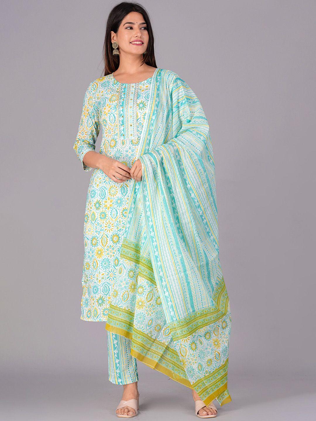 jaipuri collection ethnic printed mirror work pure cotton kurta with trousers & dupatta