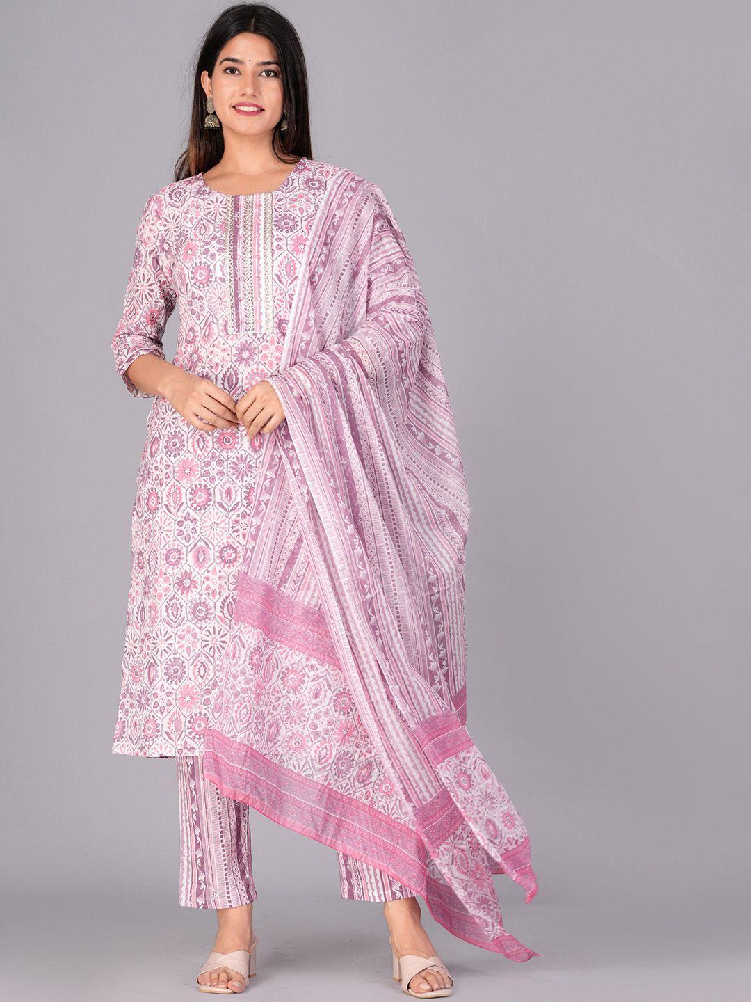 jaipuri collection ethnic printed mirror work pure cotton kurta with trousers & dupatta