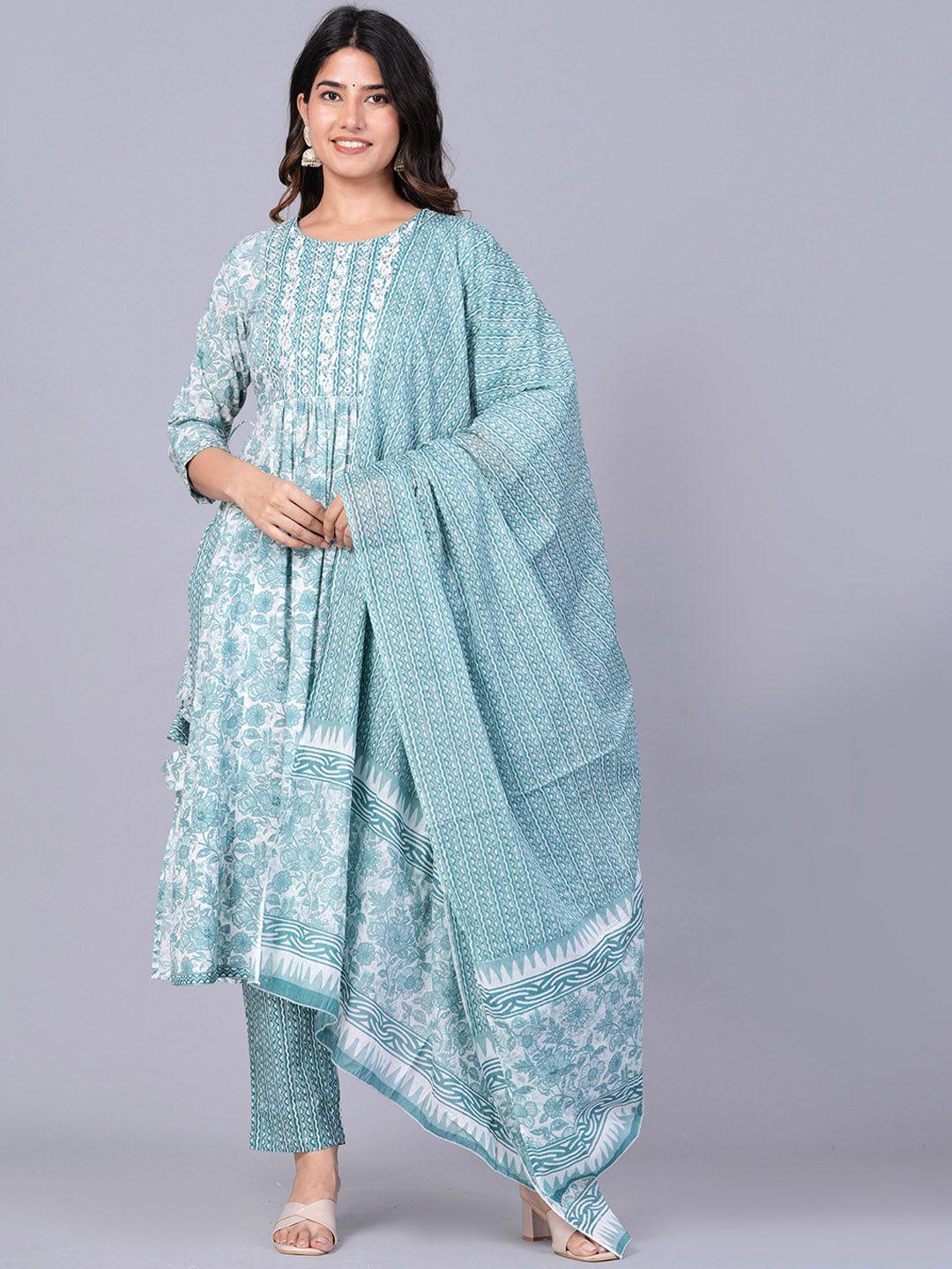jaipuri collection floral printed mirror work pure cotton kurta with trousers & dupatta