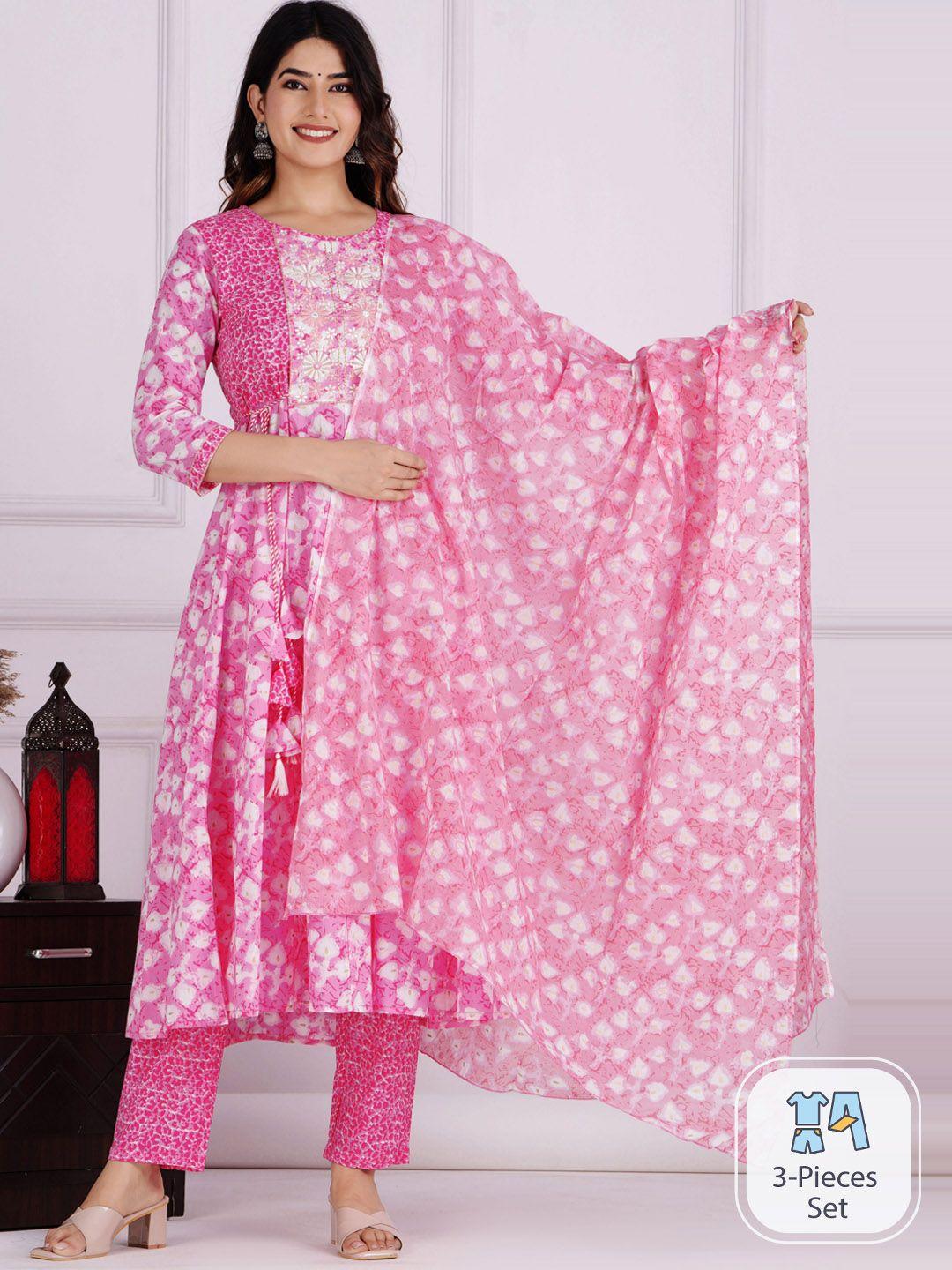 jaipuri collection floral printed pure cotton kurta with pyjamas & dupatta