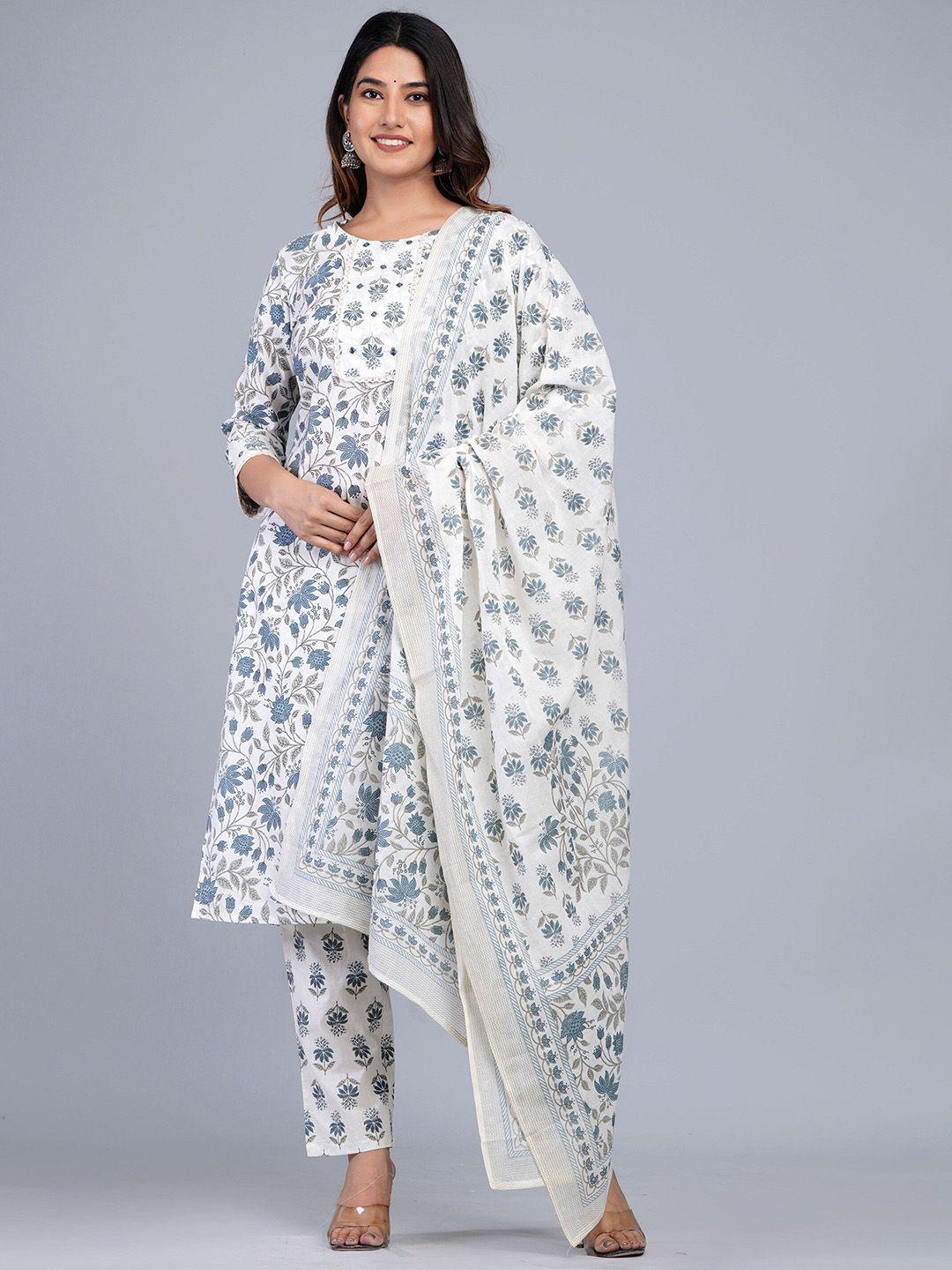 jaipuri collection floral printed pure cotton kurta with trousers & dupatta