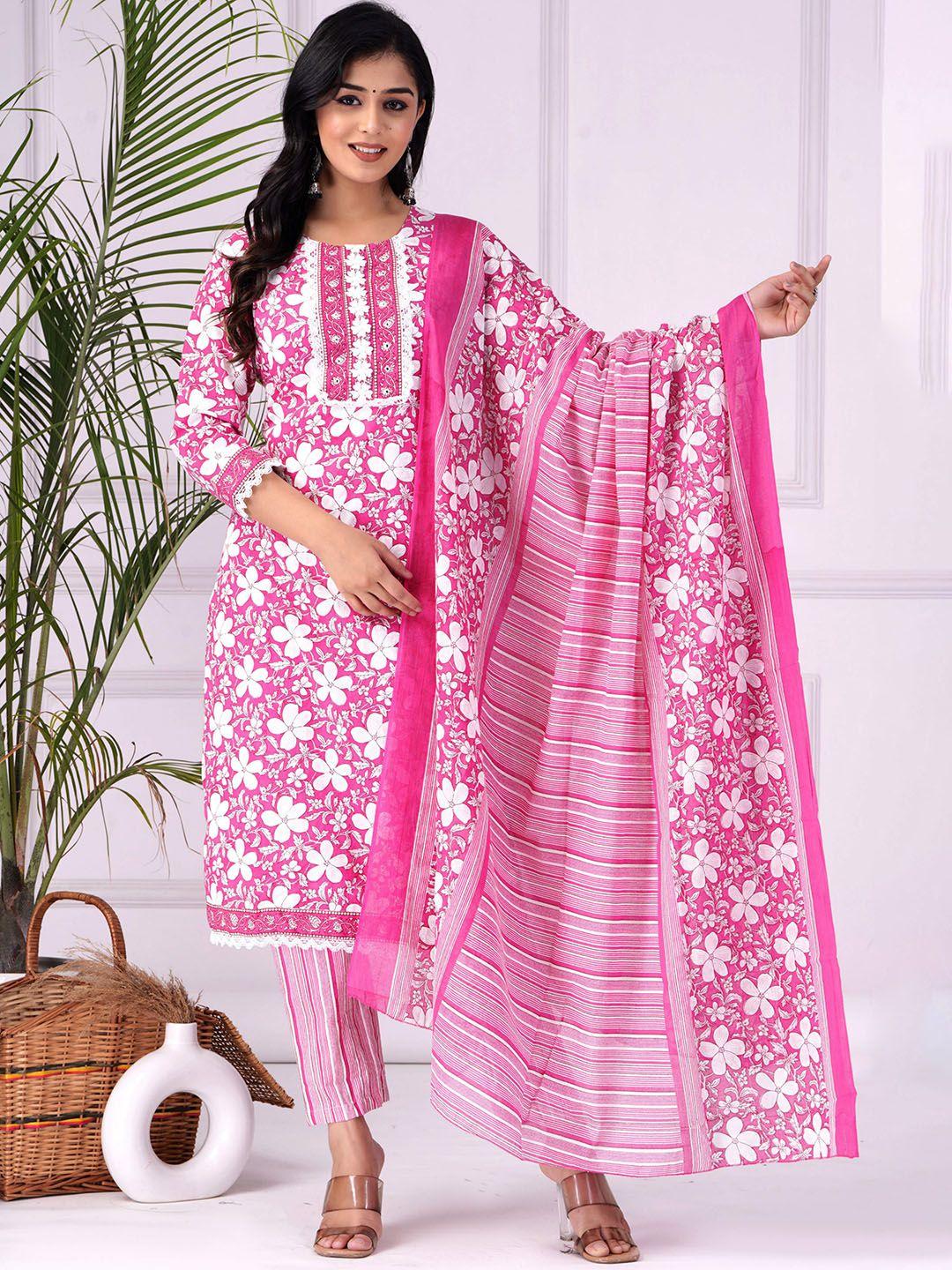 jaipuri collection floral printed pure cotton straight kurta & trousers with dupatta