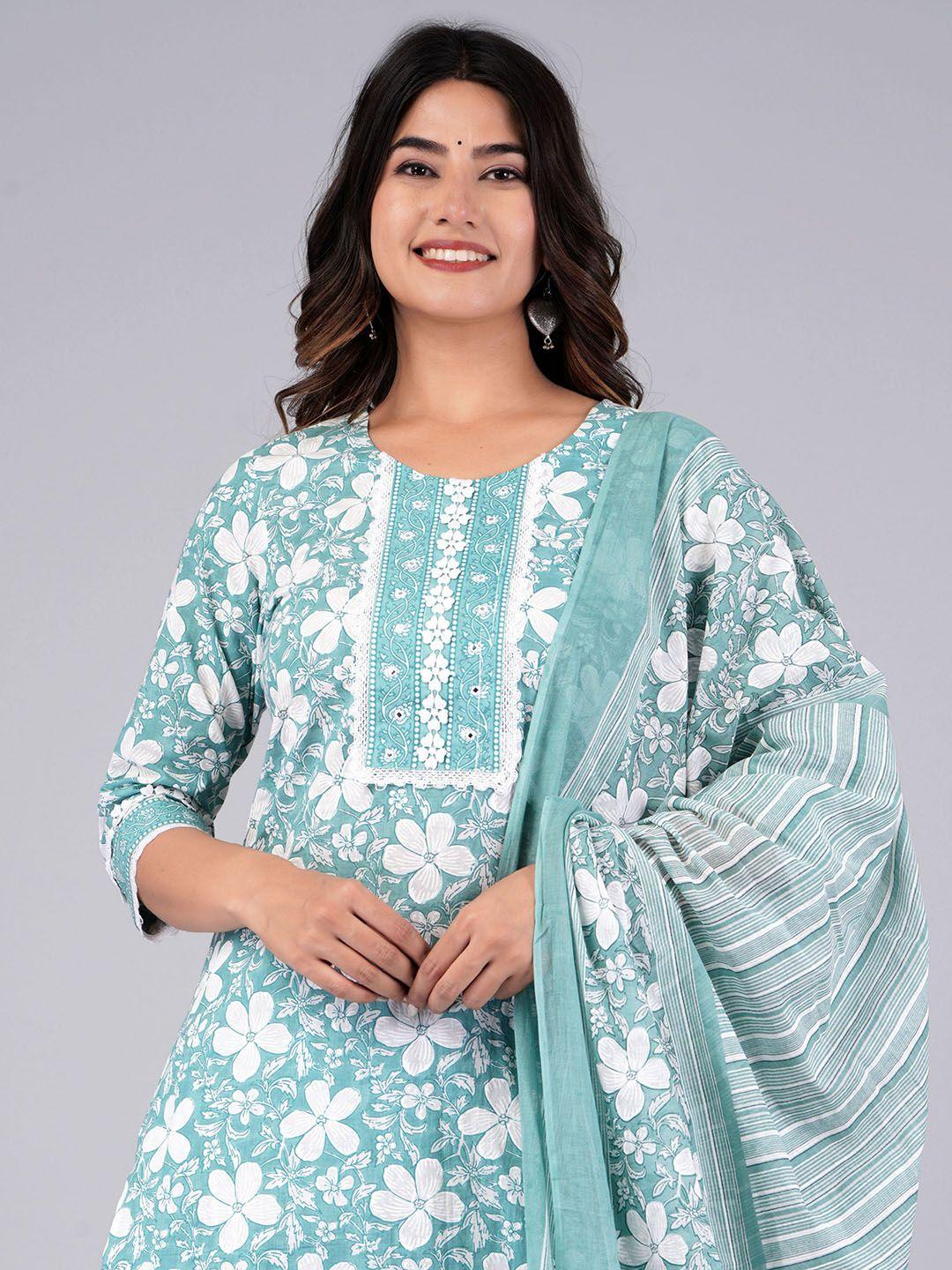 jaipuri collection floral printed pure cotton straight kurta & trousers with dupatta