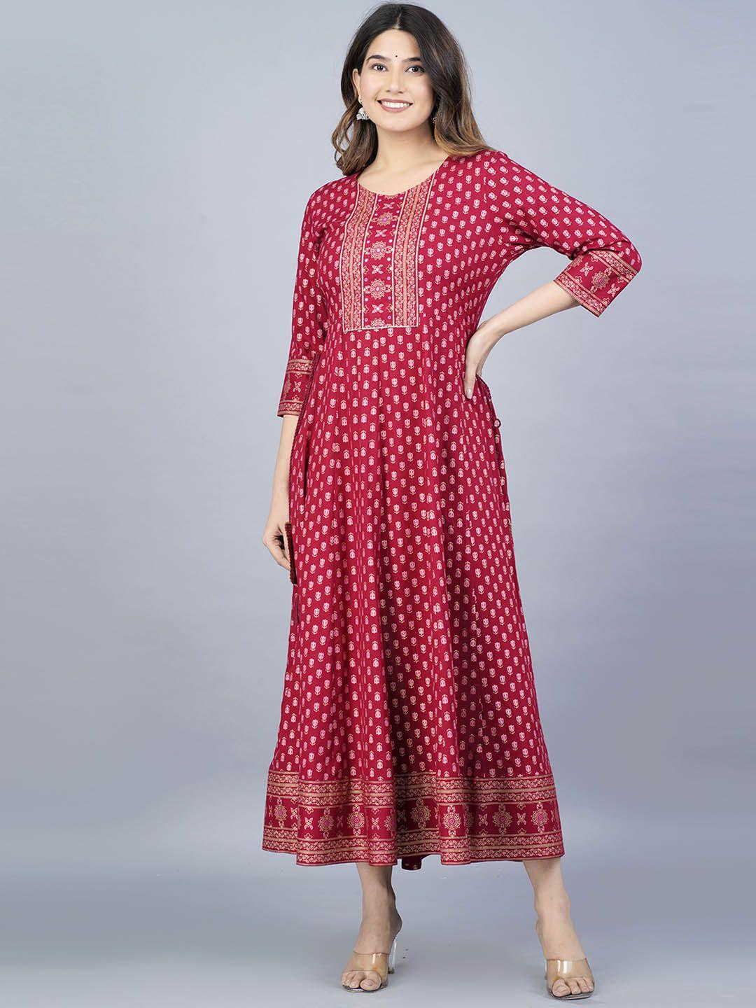 jaipuri collection floral printed round neck fit & flare ethnic dress