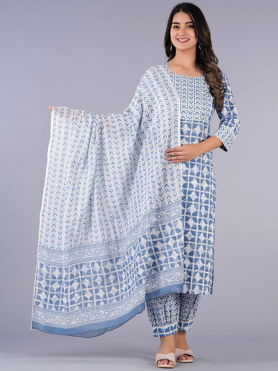 jaipuri collection geometric print pure cotton straight kurta with trousers & with dupatta